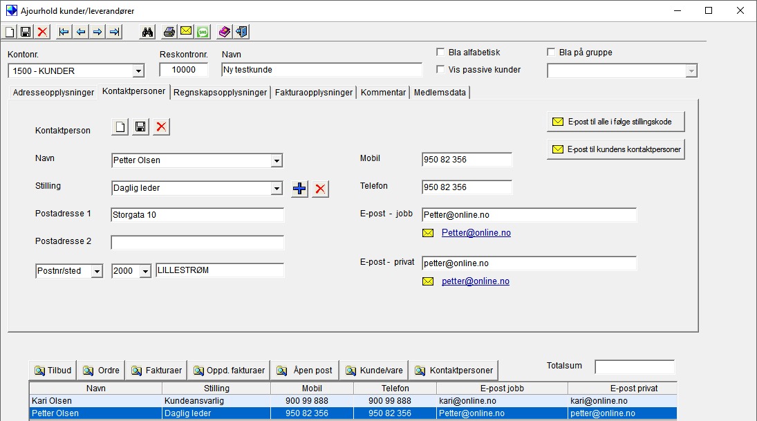 Nyheter i Orion versjon 5.6 faktura (18. desember 2016) NY register kontaktpersoner på kunder og leverandører: På ajourhold kunder / leverandører er det nå en ny fane for kontaktpersoner.