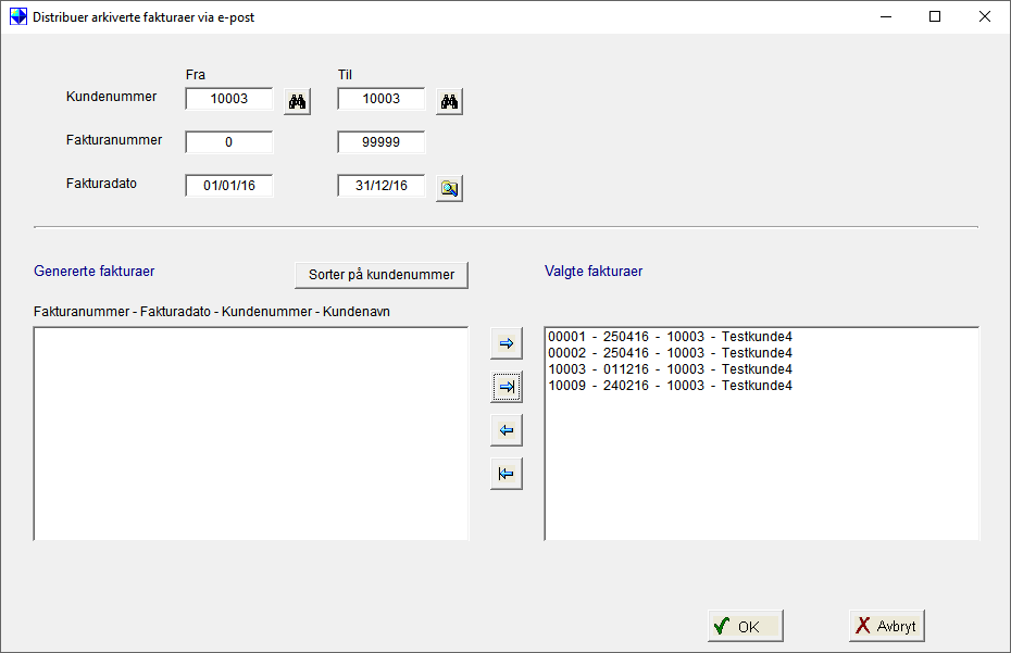 Fakturaen vises da på skjermen. Herfra er det nå mulighet for å sende fakturaen direkte på e-post til kunden. E-postadressen kan hentes fra kunden, eller skrives direkte inn i boksen.