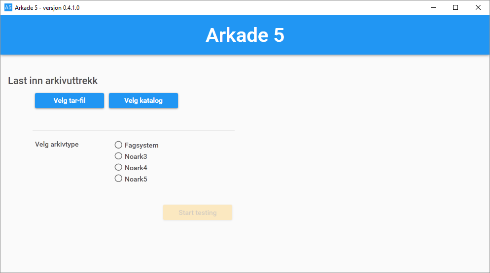KAPITTEL 3 Brukerveiledning Oppdatert 06.12.2016 Skjermen nedenfor vises ved oppstart av Arkade 5. Versjonen støtter innlesing av arkivdata av format Norak3, Noark4, Noark5 og fagsystem.