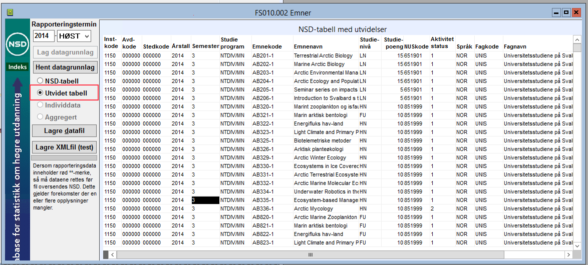 Emnedata hentes ut på samme måte, for hvert år og semester.