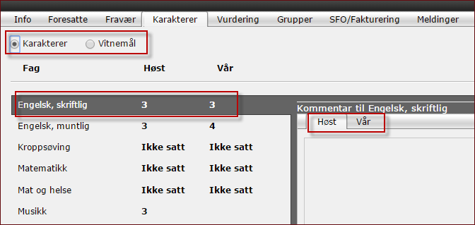 Under fanen kalt Fravær ligger elevens totale fravær (som er ført til nå). Dette anbefaler vi at skal være så ajourført som mulig.