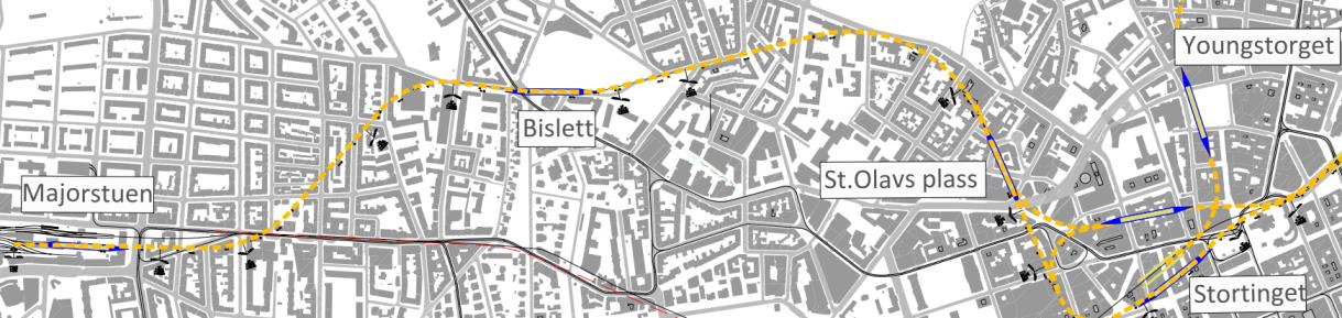 Side 17 6. C1 T-bane Majorstuen-Stortinget- Tøyen-Ensjø («saksemodellen») Trasébeskrivelse Det er tatt utgangspunkt i Ruters forprosjekt for ny T-banetunnel i Oslo.