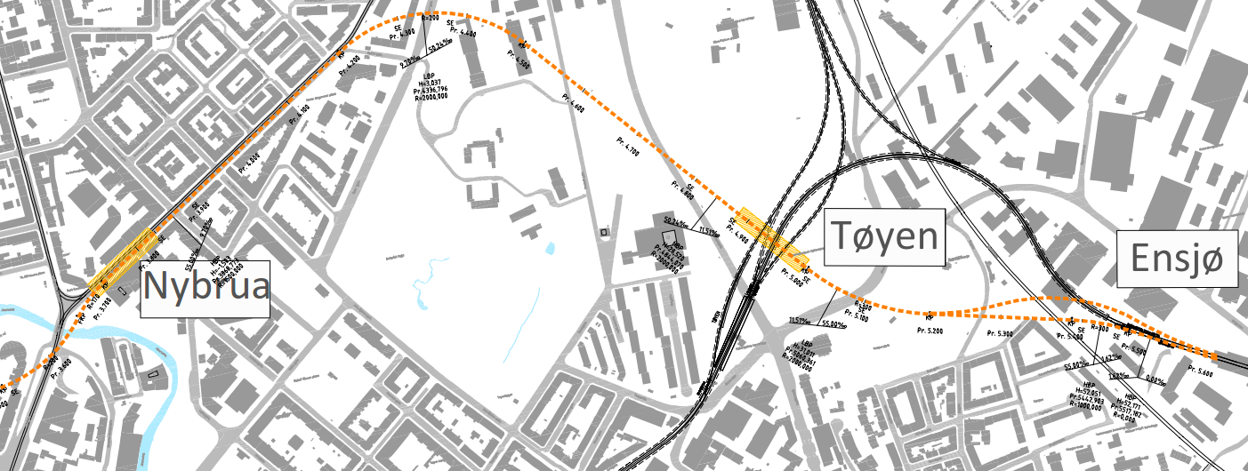 Side 18 Figur 13: Oversiktstegning Stortinget Tog fra Majorstuen i ny tunnel kjører inn i snusløyfen og får stopp ved eksisterende plattform.