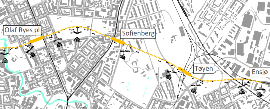 Side 30 8. C3 T-bane Majorstuen-Bislett-Olaf Ryes plass-tøyen-ensjø Trasébeskrivelse På Majorstuen er løsning lik de to andre traseene.