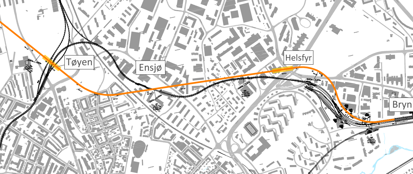 Side 42 10. Forlengelse av ny T-bane til Bryn En avslutning av 4 spor til Ensjø kan medføre at det blir en kapasitetsutfordring mellom Tøyen og Bryn.