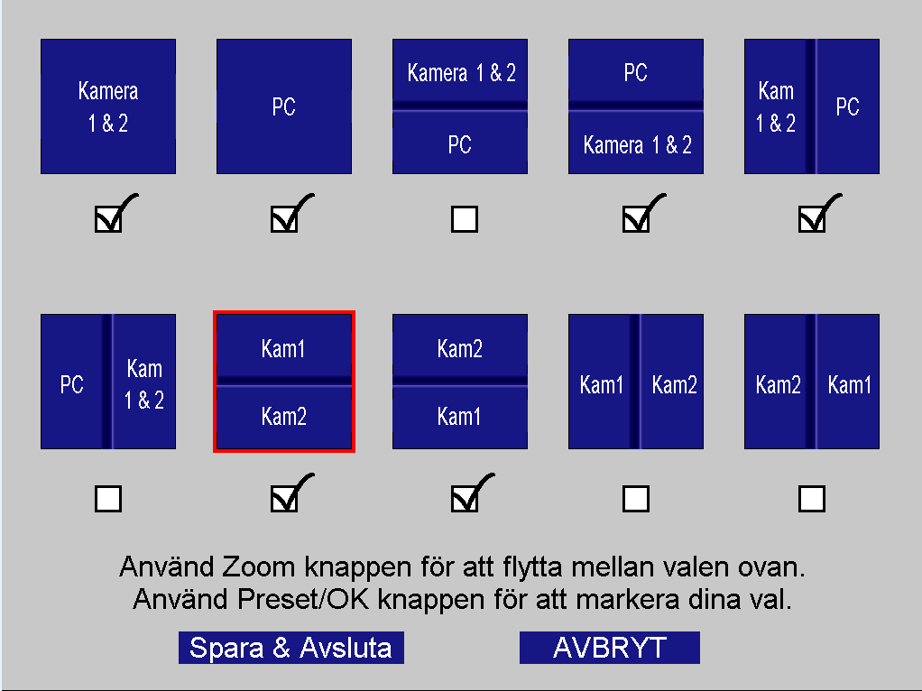 Splittfunksjon innstillinger Med PC eller MAC tilkoblet kamerasystemet kan man via menyen velge hvilken bildepresentasjon man ønsker på skjermen.