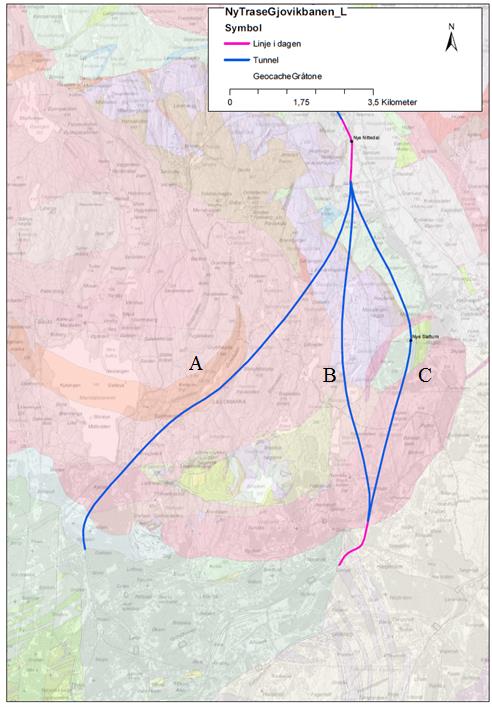 Oslo-Nittedal Figur 4 Geologisk kart, Oslo-Nittedal med traséforslag Trasé A Trasé A går fra Grefsen til Nittedal hvor den går i tunnel helt fra Grefsen til Steinset og går i dagen det siste stykket