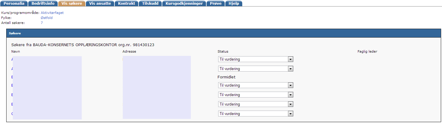 Medlemsbedriftene ser det slik: I mappen «Vis søkere», vil medlemsbedriftene få opp 2 rubrikker med oversikt over aktuelle kurs/program med søkere.