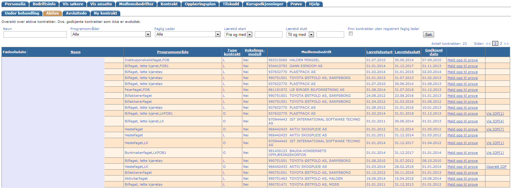 Aktive I rubrikken her vises en oversikt over aktive kontrakter i bedriften. Dette er godkjente kontrakter uten avslutningsdato i VigoOpplæring, dvs.