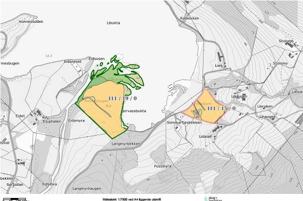 Gårdskart over gnr 111/7,8,15,19. Saksopplysninger: Gudbjørn Singstad søker om å nydyrke 46 daa skogsmark på sitt bruk.