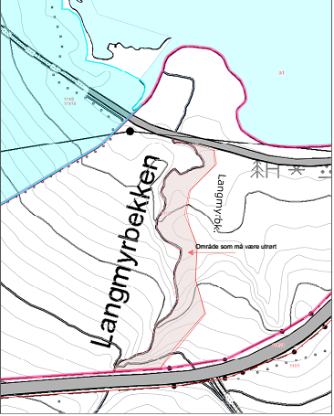 Kartet viser området øst for Langmyrbekken som må stå urørt. Økonomiske konsekvenser: Ikke Relevant. Miljømessige konsekvenser: Utgreid i henhold til naturmangfoldlovens 8-12.