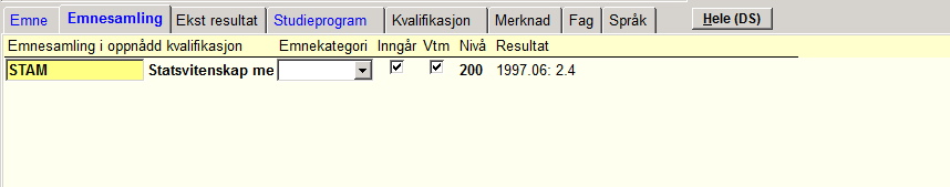 Oppnådd kvalifikasjon - Emnesamling 18 Ved manuell oppretting av forekomst i bildet Oppnådd kvalifikasjon: Alle emner vil automatisk få markering i feltet Vtm.