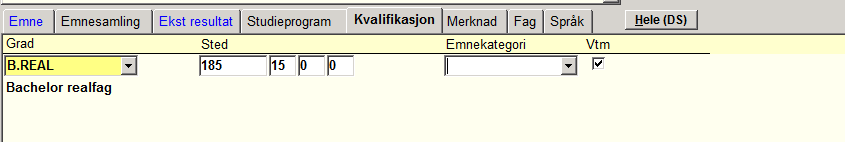 Oppnådd kvalifikasjon - Kvalifikasjon 20 Vekting kvalifikasjon: Del av resultatets vekting som skal inngå i kvalifikasjonen.