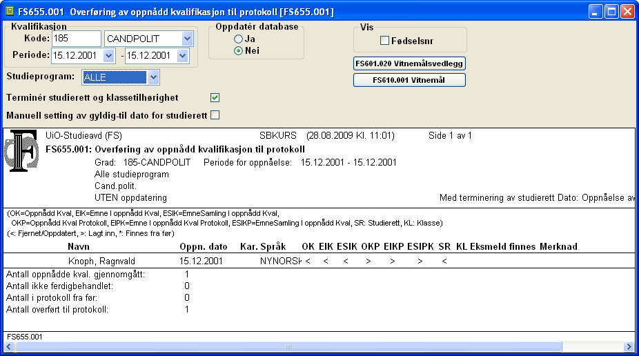 FS655.001 Overføring av oppnådd kvalifikasjon til protokoll 23 FS655.