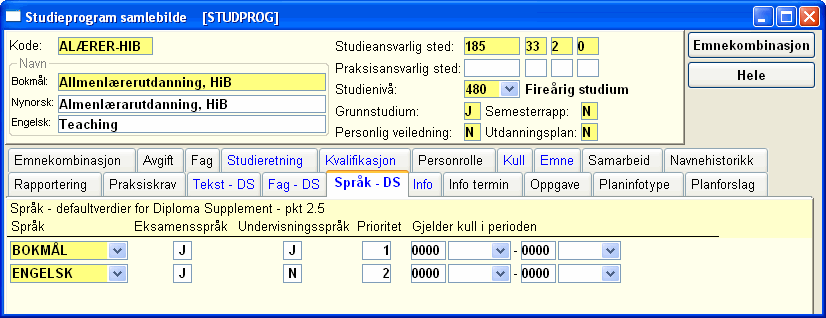 Diploma supplement - tekster i Studieprogram samlebilde, Språk (DS) 49 Studieprogram samlebilde - fag Det kan legges inn flere fag og studieretninger, og de nummereres med et løpenummer.