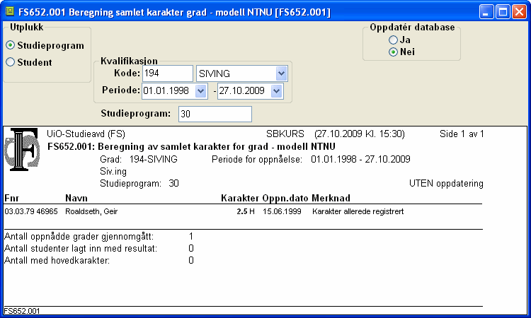 Beregning av samlet karakter for grad - modell NTNU 58 11.