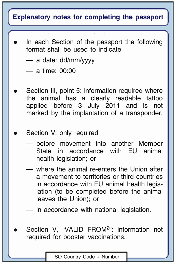 15 Den europeiske union [Medlemsstat] KJÆLEDYRPASS ISO-landkode + nummer Side 1 av X Forklarende merknader til utfylling av passet I hvert avsnitt i passet skal følgende format benyttes for å angi en