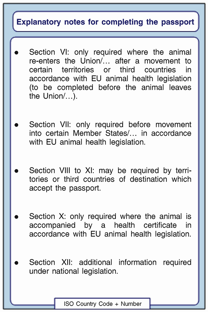 33 Forklarende merknader til utfylling av passet Avsnitt VI: Kreves bare når dyret kommer tilbake til Unionen/.
