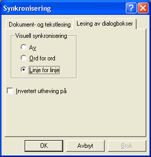 Visuell synkronisering Velg et av de følgende visuelle alternativene for synkronisering. Av Talen synkroniseres ikke med teksten som vises på skjermen.