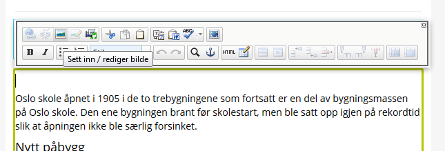 Versjonsnr. 2.2 Side 58 9.4 Legg til bilde Du kan enten legge til bilder i egne felt, eller du kan legge til bilder ved hjelp av knappen Sett inn bilde i verktøylinjen. 9.4.1 Legg til bilde i eget bildefelt I nyhetsmalen og artikkelmalen er det et eget felt for hovedbilde.