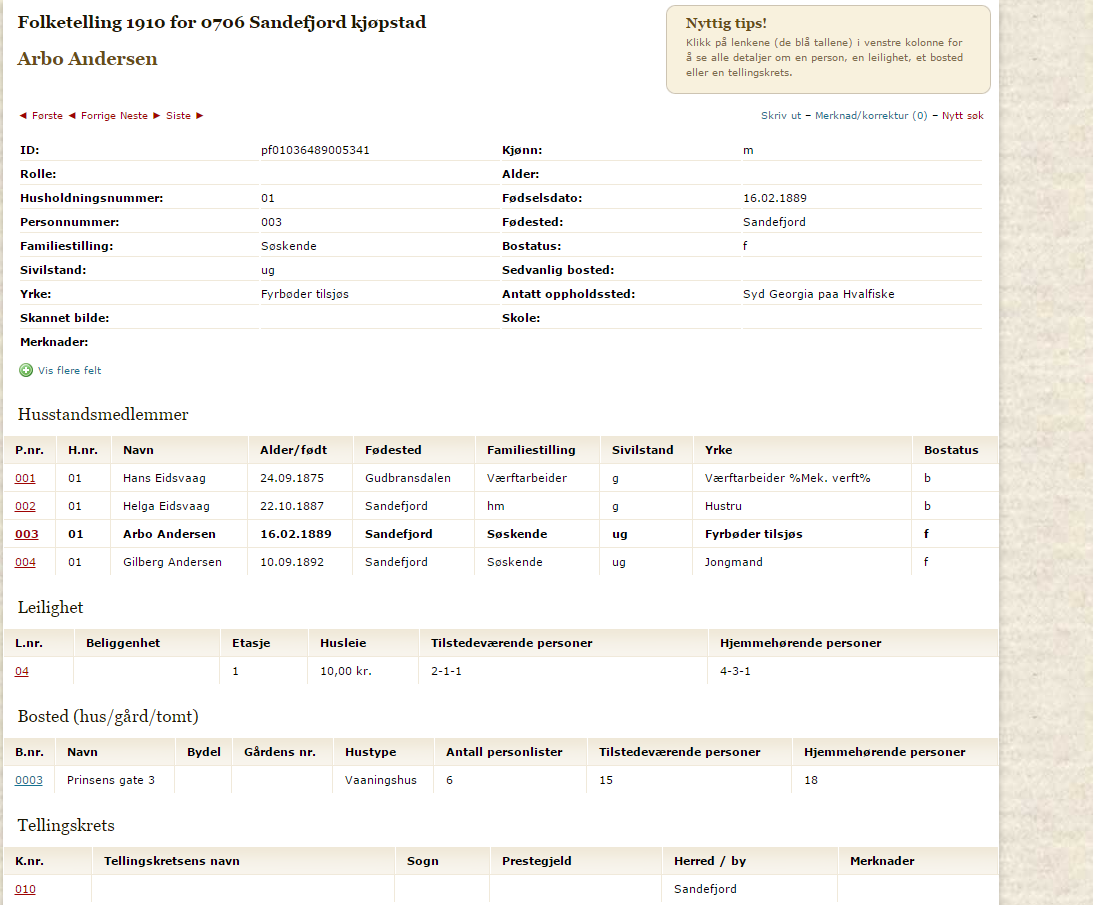 3 Om vi går inn på Arbo Andersen får vi opp denne siden, som viser folketellingen fra 1910.