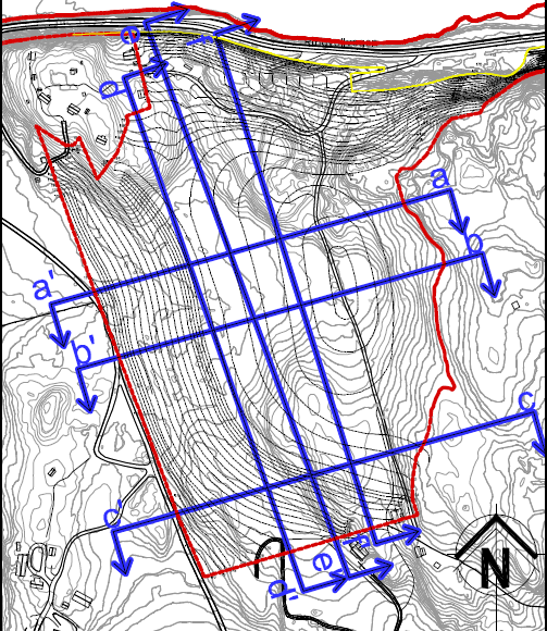 Tegning 107 4 3 2 1 6 5 Situasjonsplan med 6 profiler a - f og 6 prøvegravinger / borpunkter. Prøvegraving i 6 hull Plassering på profiler er vist på tegning 105 106.