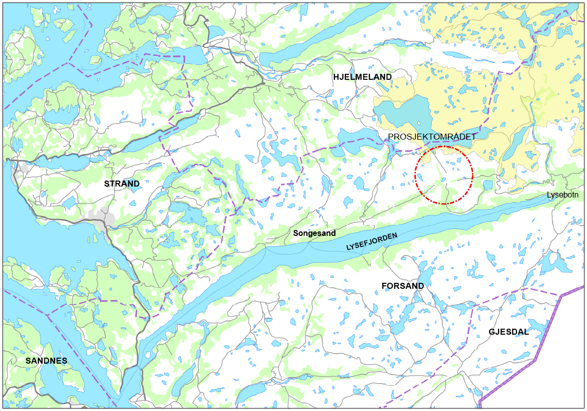 Figur 1 Regional plassering av prosjektområdet. Feltet til Lysebotn kraftverk er markert med gult. Kart: Lyse Produksjon AS.