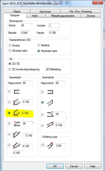 KONSTRUKSJON tips & triks Sperr-objekt i arkitekt og konstruksjon: Ny Horisontalt opplager Høydereferanse gås gjennom Hvis sperr