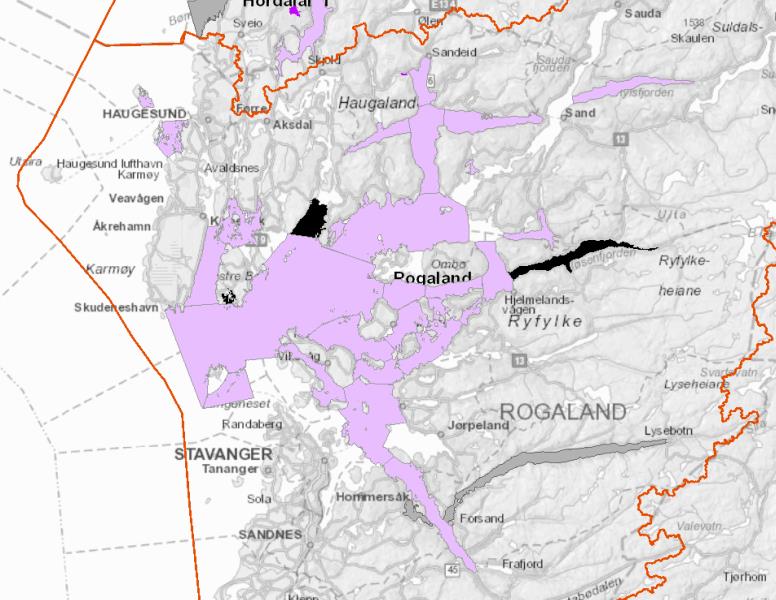 Figur 22: Påvirkning fra akvakulturanlegg er i stor grad registrert med liten grad av påvirkning på kystvannet i Vannregion Rogaland Kilde: Vann-nett.no, 8.6.2015. 5.4.