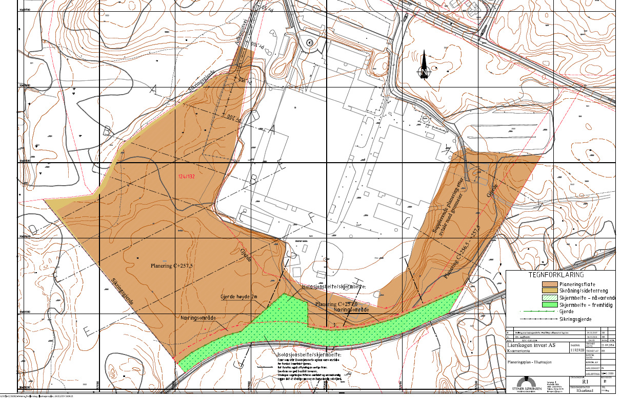 3 Planlagte arbeider Figur 4. Planeringsplan for området er vist på tegning R1 fra Stener Sørensen AS. Området skal sprenges ned og planeres til kote 257.50. Figur 4. Snitt gjennom planeringsområdet viser planlagt planeringsnivå på kote 257.