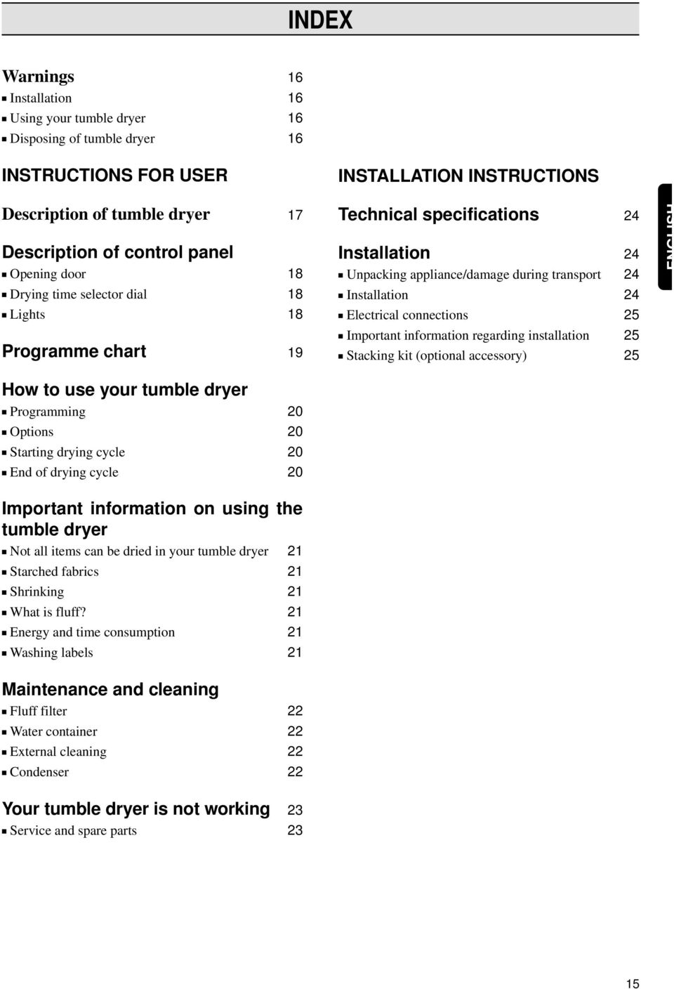 dryer Programming 20 Options 20 Starting drying cycle 20 End of drying cycle 20 Installation 24 Electrical connections 25 Important information regarding installation 25 Stacking kit (optional