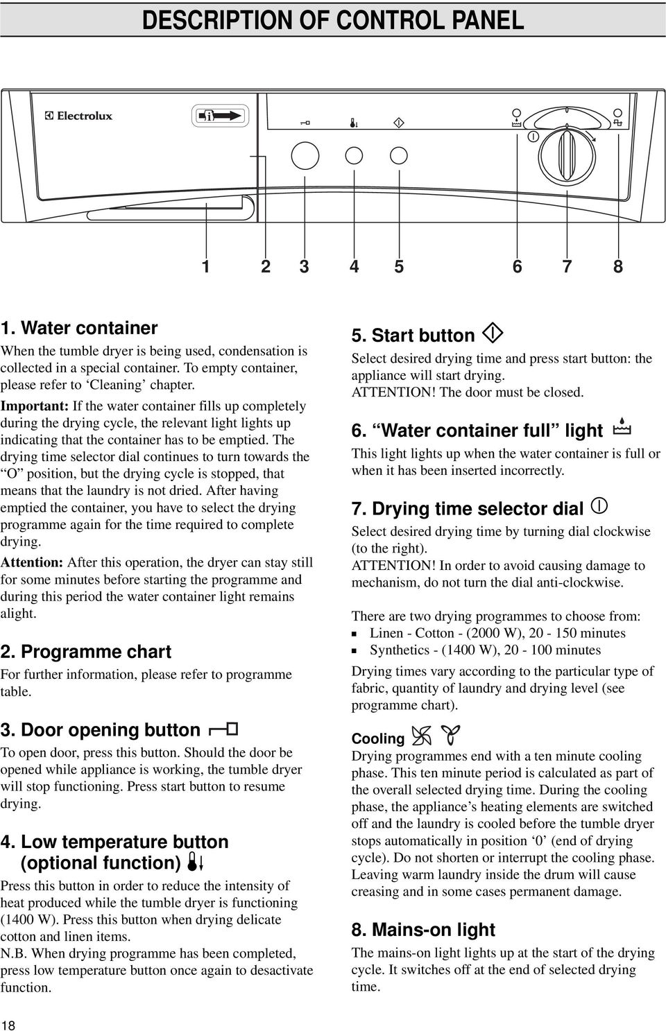 Important: If the water container fills up completely during the drying cycle, the relevant light lights up indicating that the container has to be emptied.