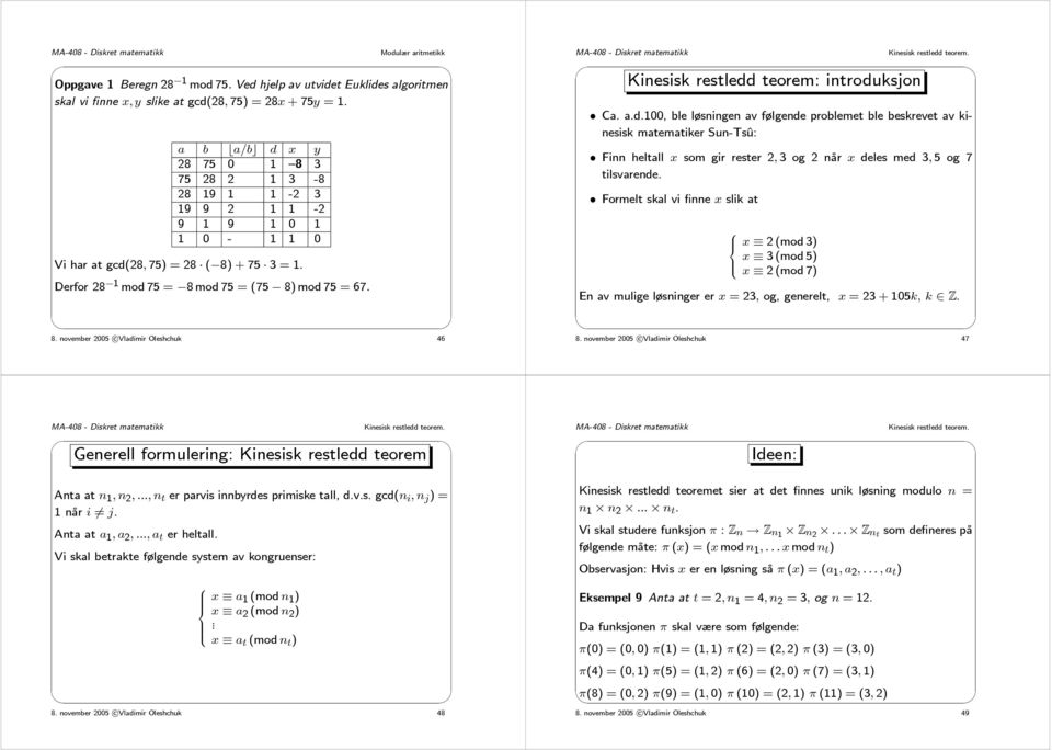 Kinesisk restledd teorem: introduksjon Ca. a.d.100, ble løsningen av følgende problemet ble beskrevet av kinesisk matematiker Sun-Tsû: Finn heltall x som gir rester 2, 3 og 2 når x deles med 3, 5 og 7 tilsvarende.