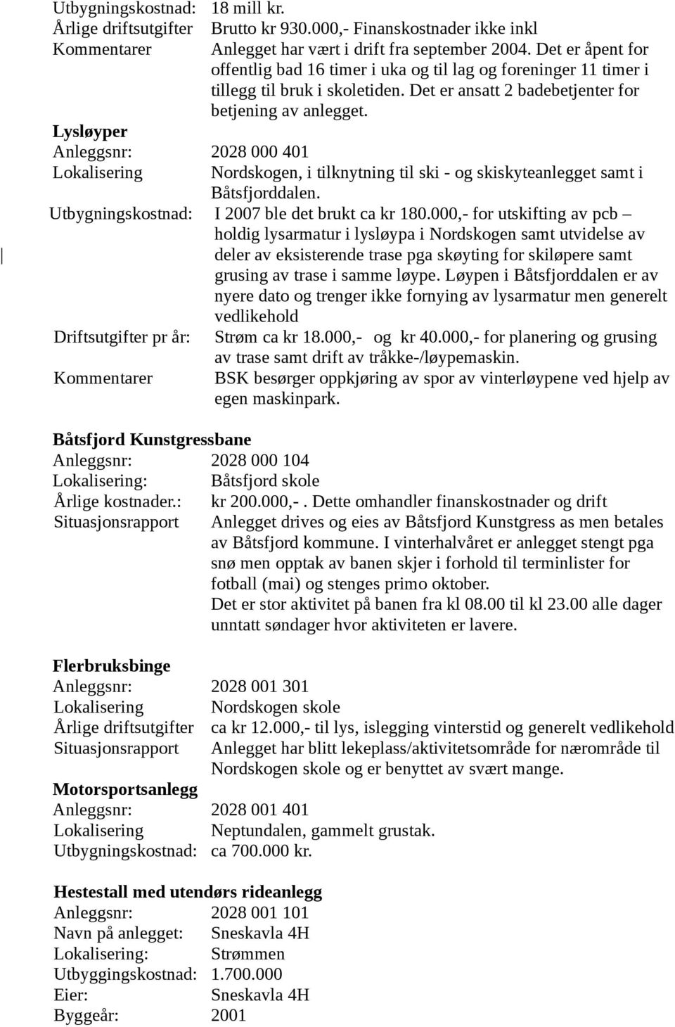 Lysløyper Anleggsnr: 2028 000 401 Lokalisering Nordskogen, i tilknytning til ski - og skiskyteanlegget samt i Båtsfjorddalen. Utbygningskostnad: I 2007 ble det brukt ca kr 180.