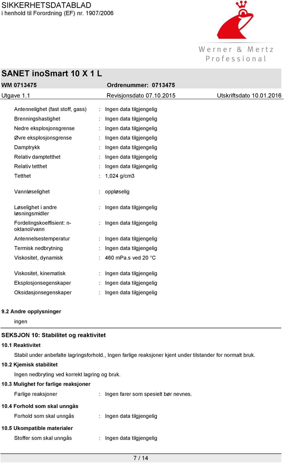 s ved 20 C Viskositet, kinematisk Eksplosjonsegenskaper Oksidasjonsegenskaper 9.2 Andre opplysninger ingen SEKSJON 10: Stabilitet og reaktivitet 10.