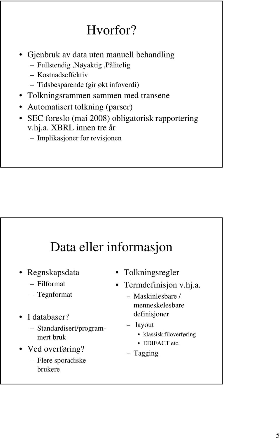 sammen med transene Automatisert tolkning (parser) SEC foreslo (mai 2008) obligatorisk rapportering v.hj.a. XBRL innen tre år Implikasjoner for revisjonen Data eller informasjon Regnskapsdata Filformat Tegnformat I databaser?