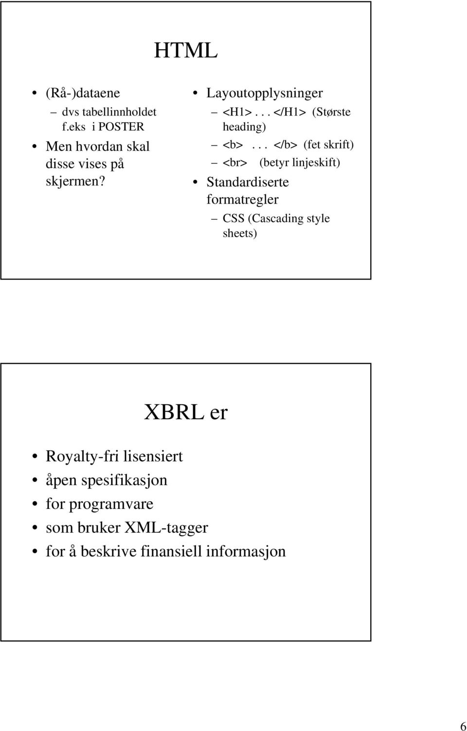 .. </b> (fet skrift) <br> (betyr linjeskift) Standardiserte formatregler CSS (Cascading style