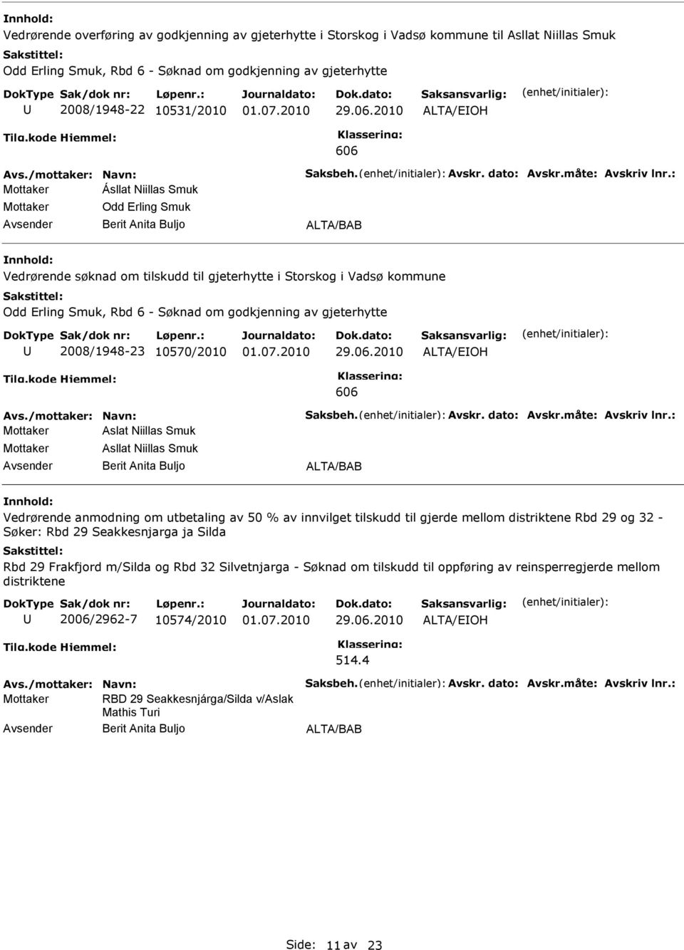 godkjenning av gjeterhytte 2008/1948-23 10570/2010 606 Mottaker Aslat Niillas Smuk Mottaker Asllat Niillas Smuk Berit Anita Buljo ALTA/BAB Vedrørende anmodning om utbetaling av 50 % av innvilget