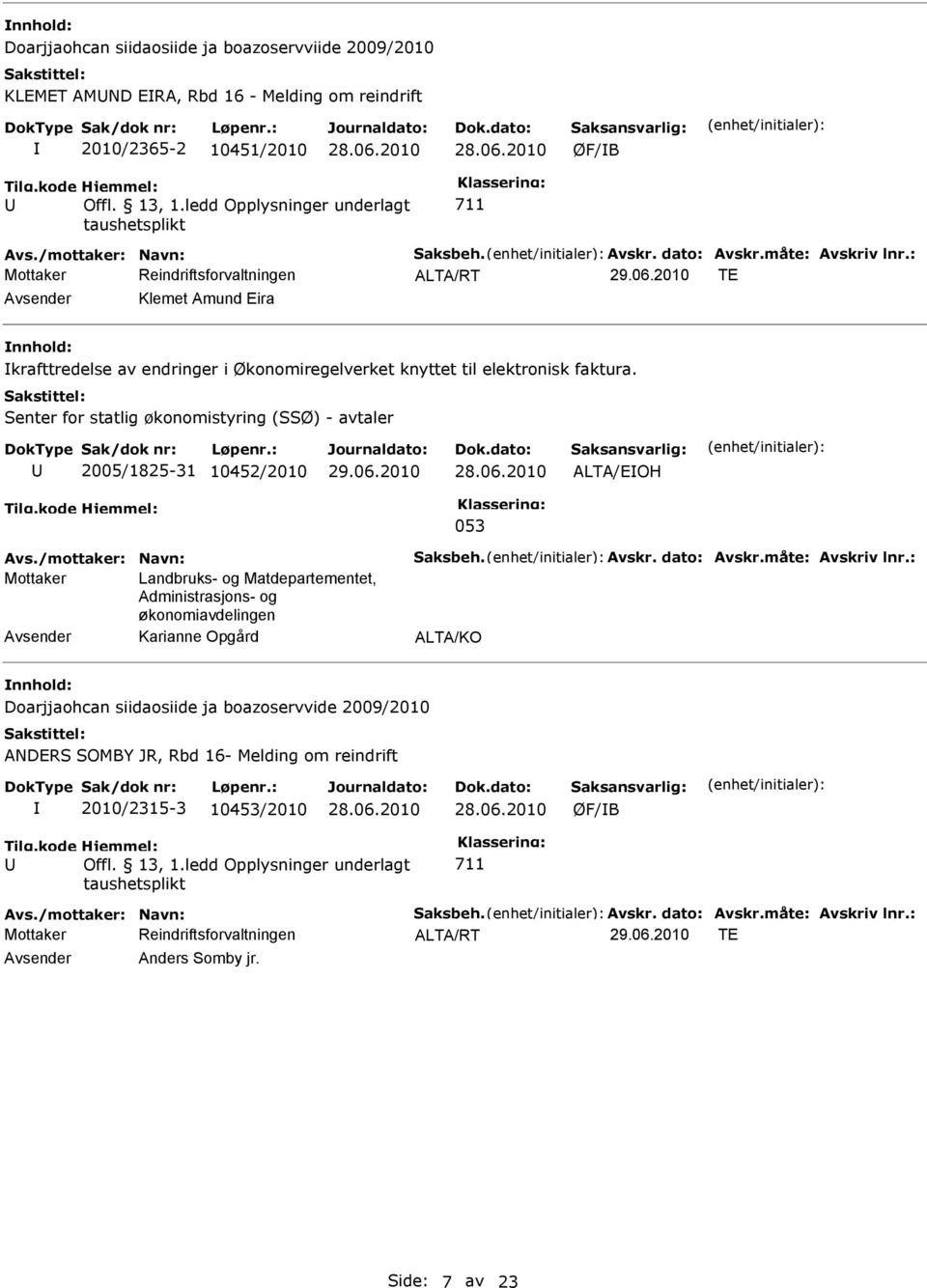 Senter for statlig økonomistyring (SSØ) - avtaler 2005/1825-31 10452/2010 053 Mottaker Landbruks- og Matdepartementet, Administrasjons- og