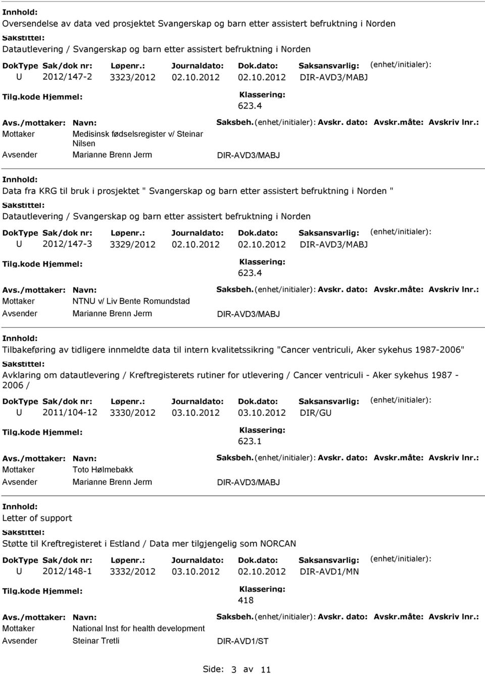 4 Mottaker Medisinsk fødselsregister v/ Steinar Nilsen Marianne Brenn Jerm DR-AVD3/MABJ Data fra KRG til bruk i prosjektet " Svangerskap og barn etter assistert befruktning i Norden " Datautlevering