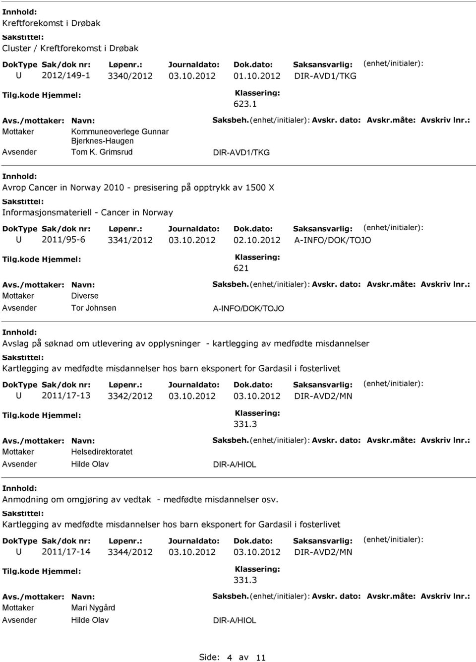 A-NFO/DOK/TOJO Avslag på søknad om utlevering av opplysninger - kartlegging av medfødte misdannelser Kartlegging av medfødte misdannelser hos barn eksponert for Gardasil i fosterlivet 2011/17-13