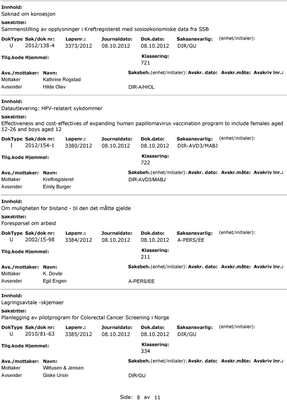 3380/2012 DR-AVD3/MABJ DR-AVD3/MABJ Emily Burger Om muligheten for bistand - til den det måtte gjelde Forespørsel om arbeid 2002/15-98 3384/2012 A-PERS/EE 211 Mottaker K.