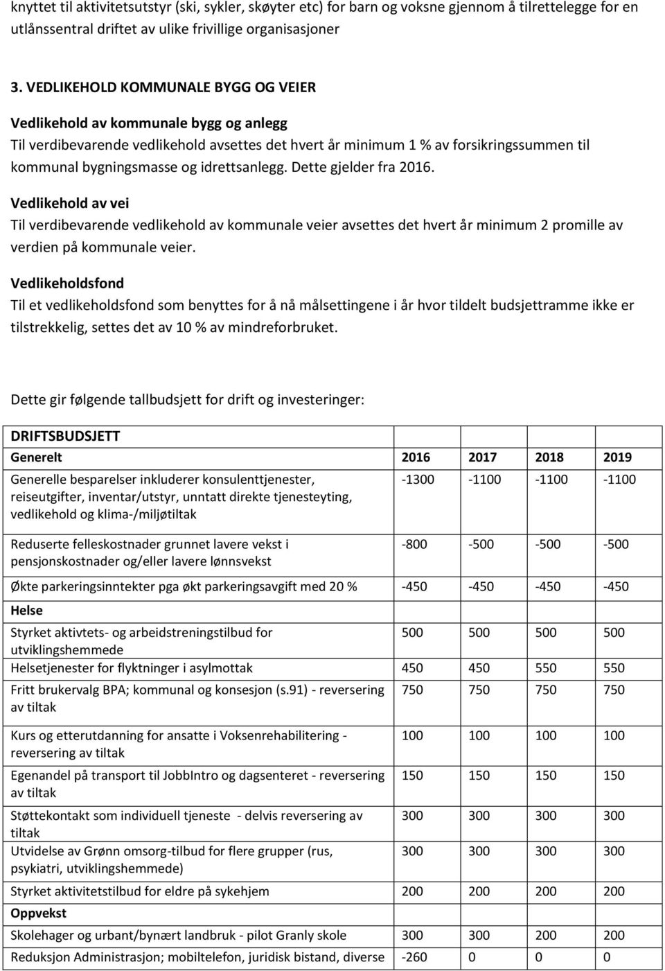 idrettsanlegg. Dette gjelder fra 2016. Vedlikehold av vei Til verdibevarende vedlikehold av kommunale veier avsettes det hvert år minimum 2 promille av verdien på kommunale veier.