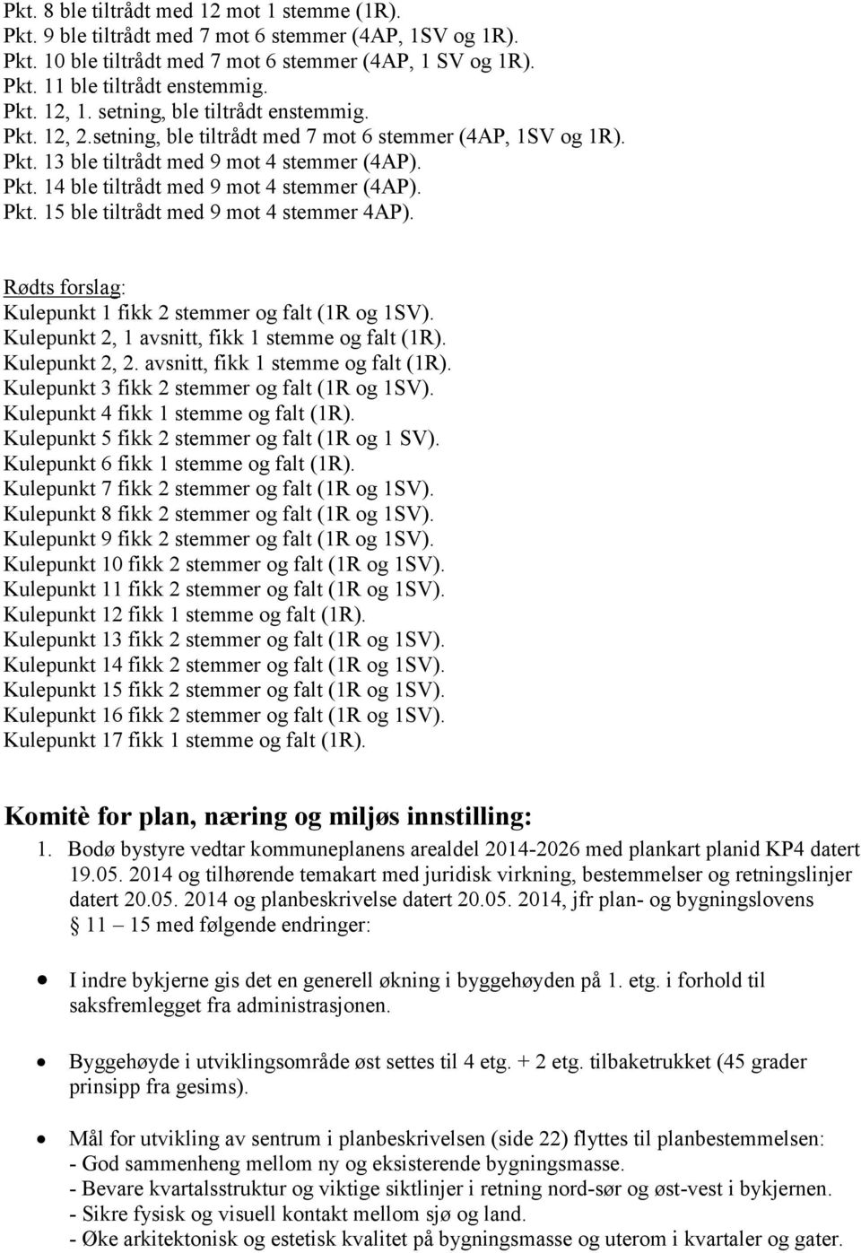 Pkt. 15 ble tiltrådt med 9 mot 4 stemmer 4AP). Rødts forslag: Kulepunkt 1 fikk 2 stemmer og falt (1R og 1SV). Kulepunkt 2, 1 avsnitt, fikk 1 stemme og falt (1R). Kulepunkt 2, 2.