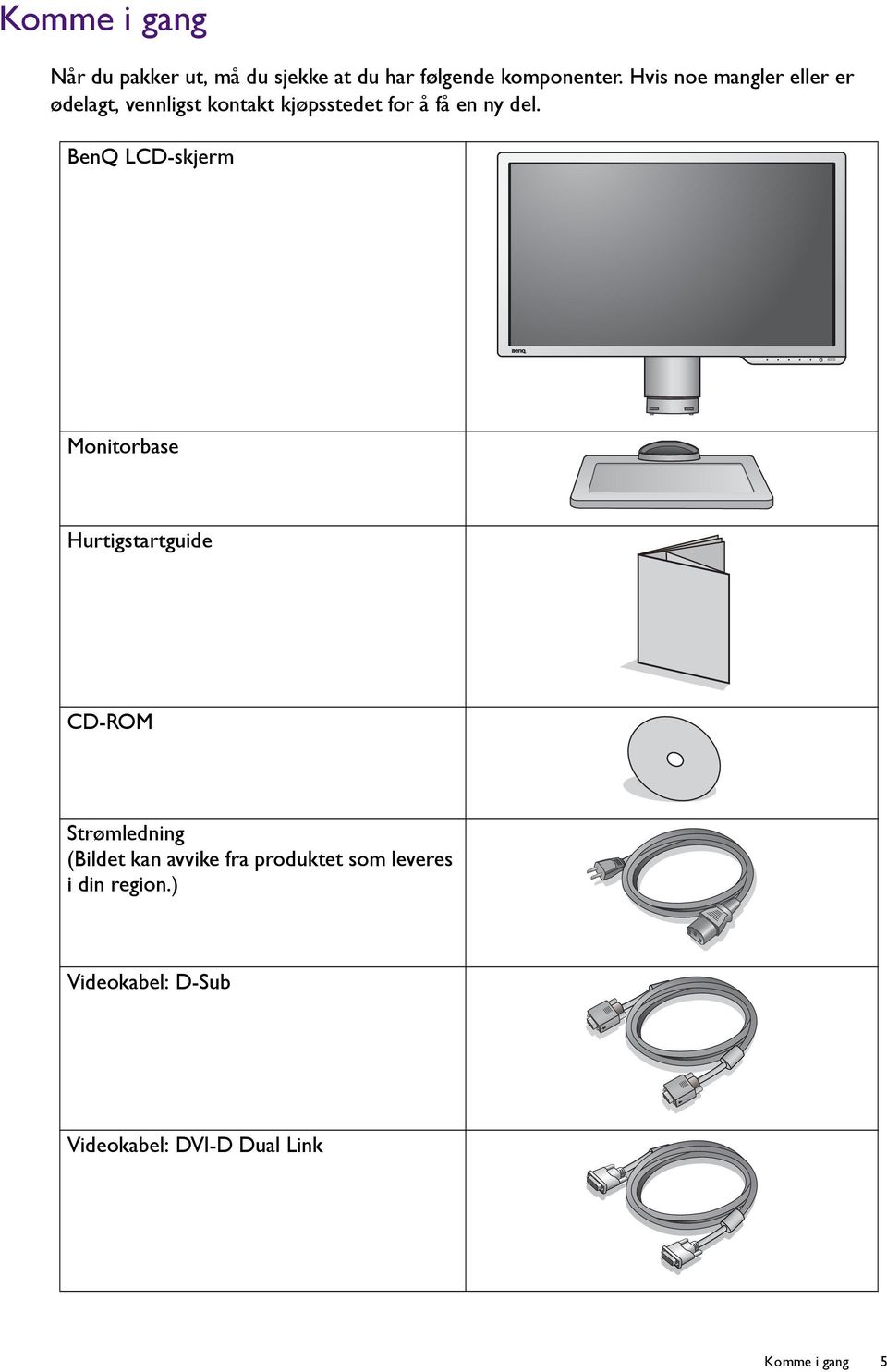 BenQ LCD-skjerm Monitorbase Hurtigstartguide CD-ROM Strømledning (Bildet kan avvike