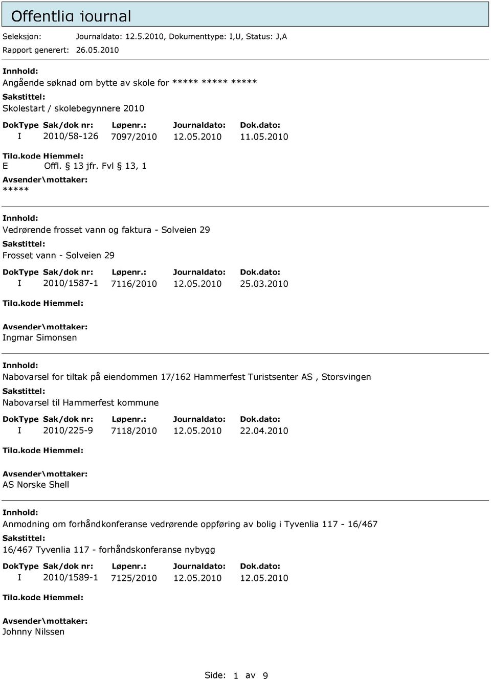 Fvl 13, 1 ***** nnhold: Vedrørende frosset vann og faktura - Solveien 29 Frosset vann - Solveien 29 2010/1587-1 7116/2010 25.03.