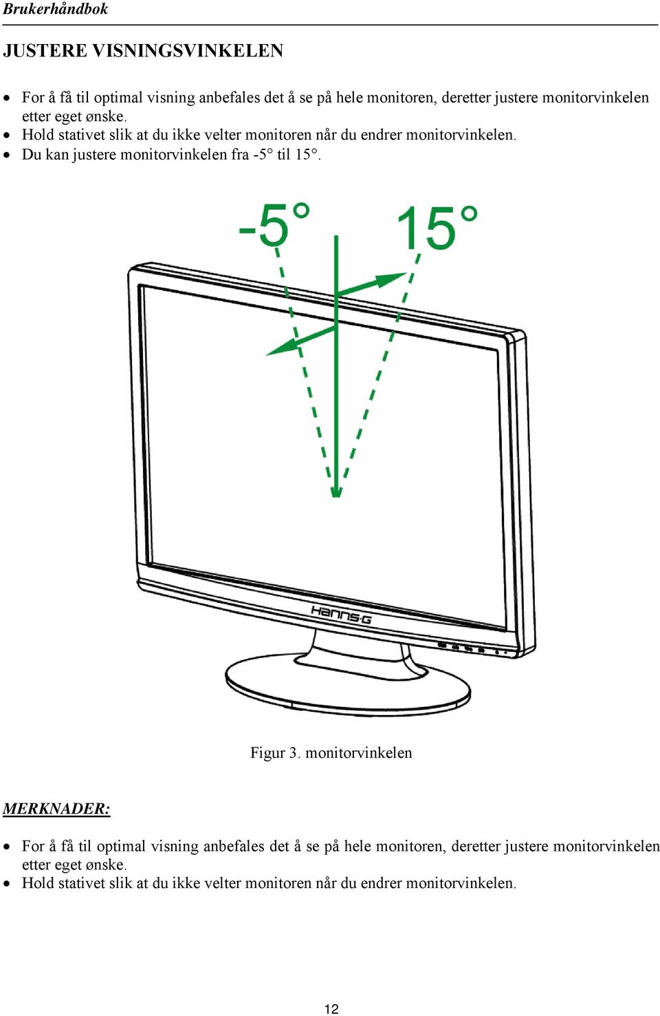 Du kan justere monitorvinkelen fra -5 til 15. Figur 3.