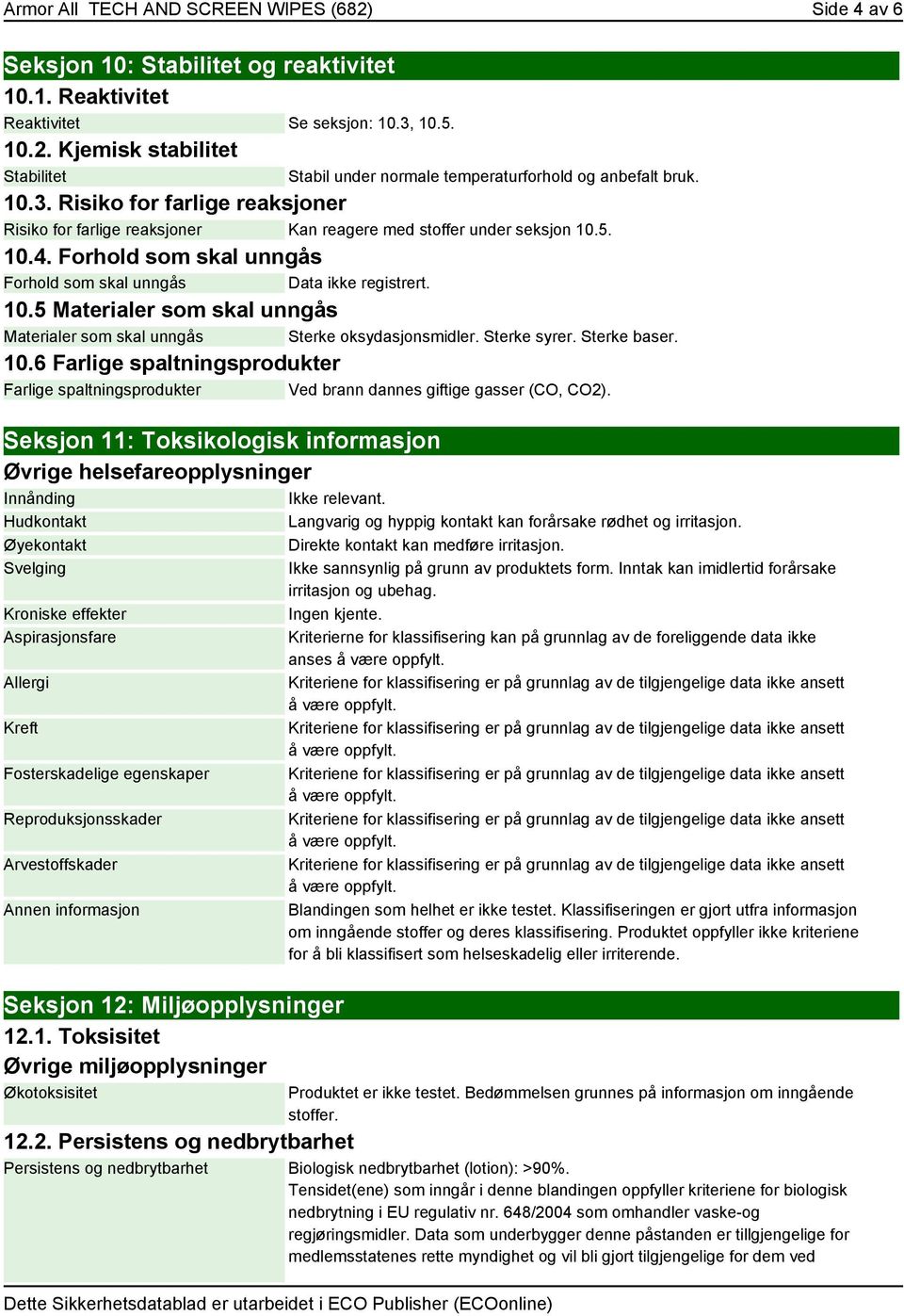 Forhold som skal unngås Forhold som skal unngås Data ikke registrert. 10.5 Materialer som skal unngås Materialer som skal unngås Sterke oksydasjonsmidler. Sterke syrer. Sterke baser. 10.6 Farlige spaltningsprodukter Farlige spaltningsprodukter Ved brann dannes giftige gasser (CO, CO2).