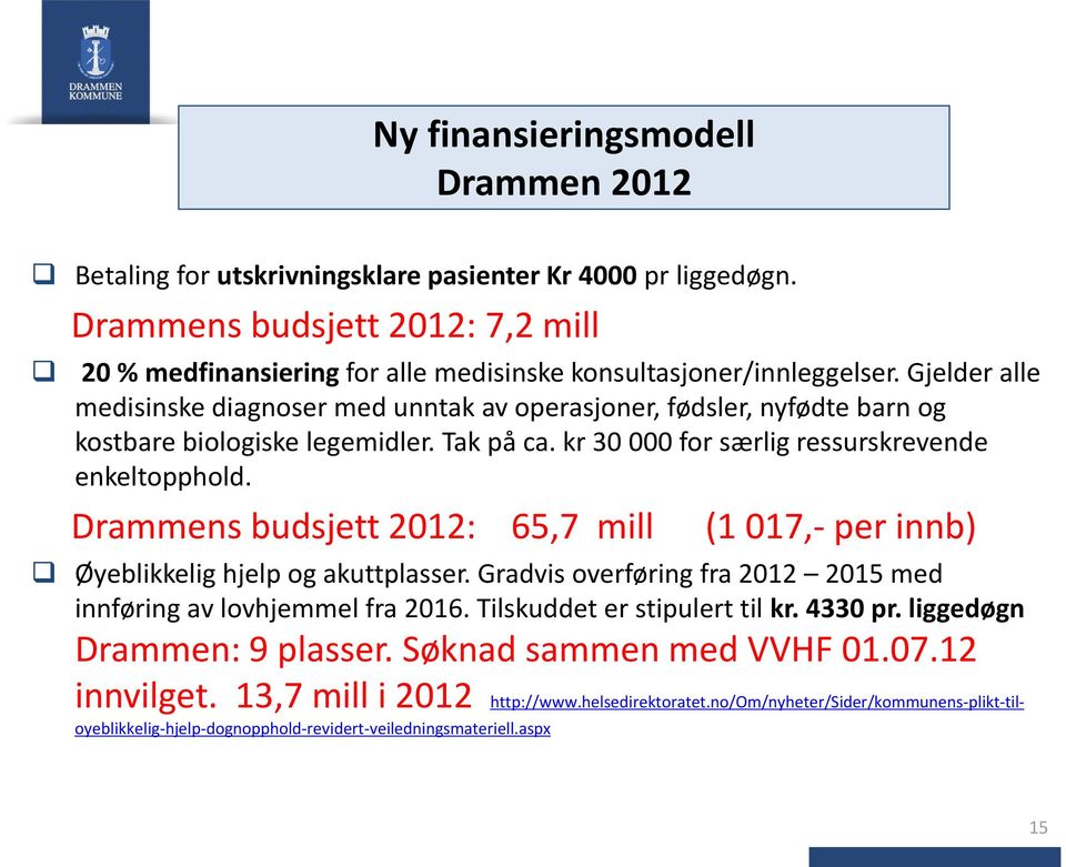 Gjelder alle medisinske diagnoser med unntak av operasjoner, fødsler, nyfødte barn og kostbare biologiske legemidler. Tak på ca. kr 30 000 for særlig ressurskrevende enkeltopphold.