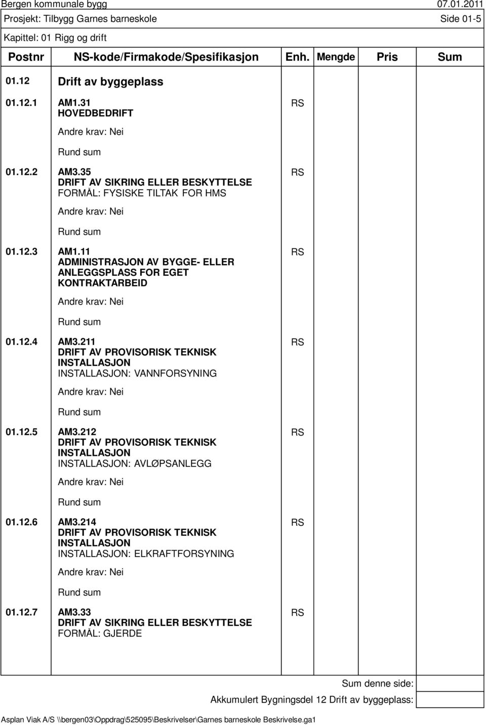 211 DRIFT AV PROVISORISK TEKNISK INSTALLASJON INSTALLASJON: VANNFOYNING 01.12.5 AM3.212 DRIFT AV PROVISORISK TEKNISK INSTALLASJON INSTALLASJON: AVLØPSANLEGG 01.12.6 AM3.